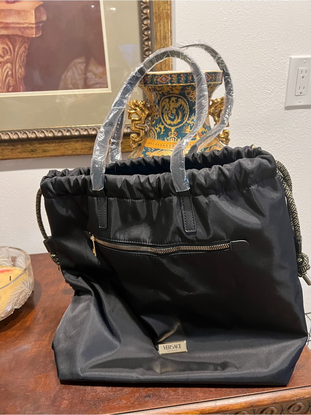 Versace Black Nylon Drawstring Tote with Gold Hardware